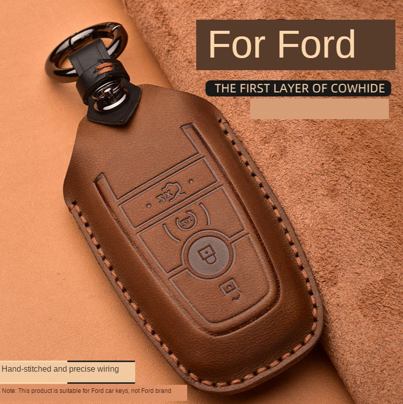 Crazy Horse Leather Car Key Case For Ford Mustang 2018 EcoSport Smart Remote Fobs Shell Cover Keys Bag Keychain Auto Accessories